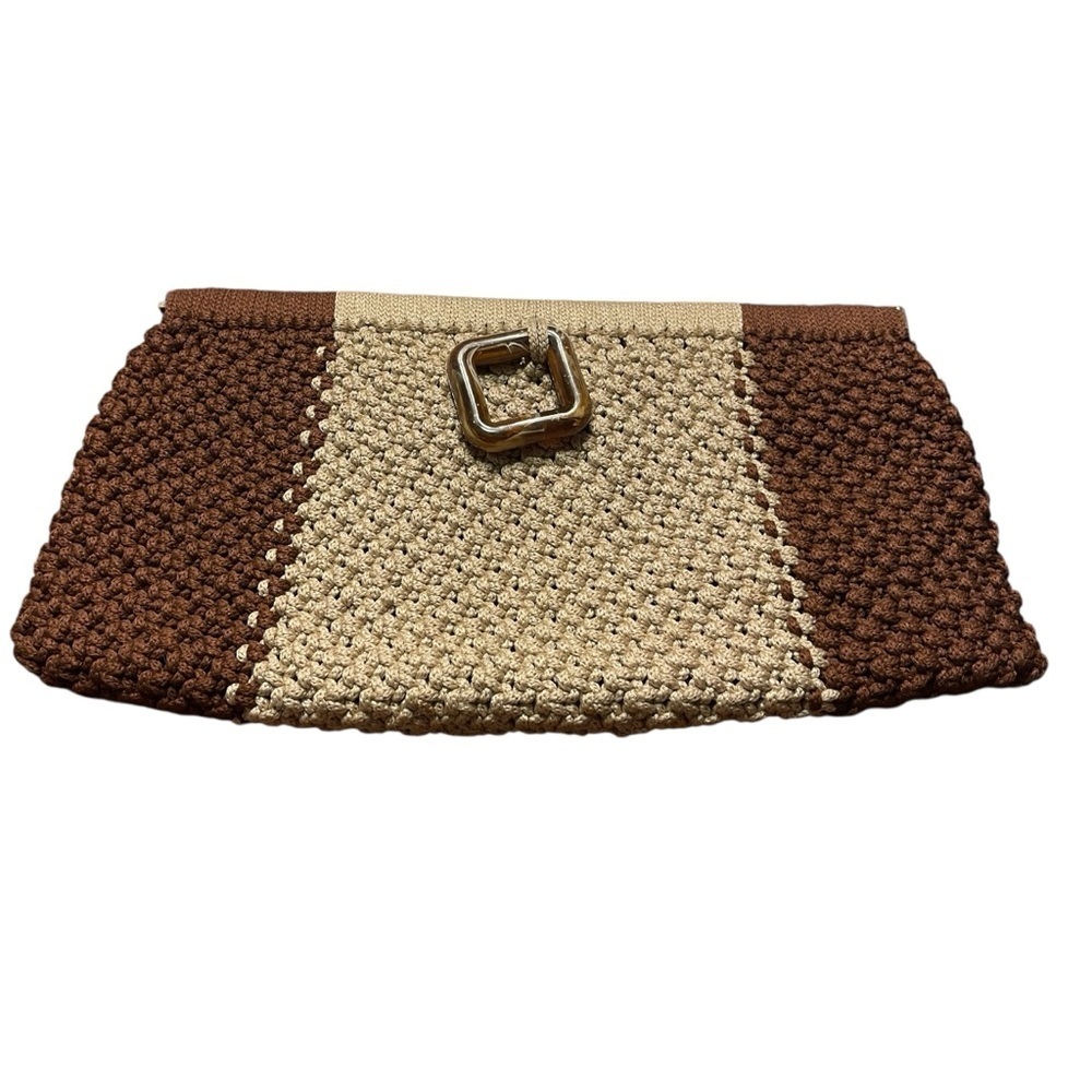 Crochet Clutch Purse Brown Tan Tortoiseshell Buckle Boho Retro Vtg Handbag - Picture 7 of 8